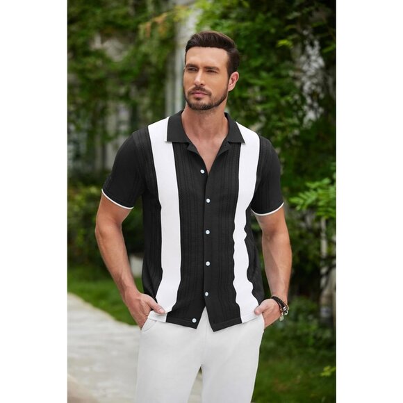 "Men's Retro Knit Button Down Polo Shirt Short Sleeve Casual Black White Top" - Picture 2 of 4
